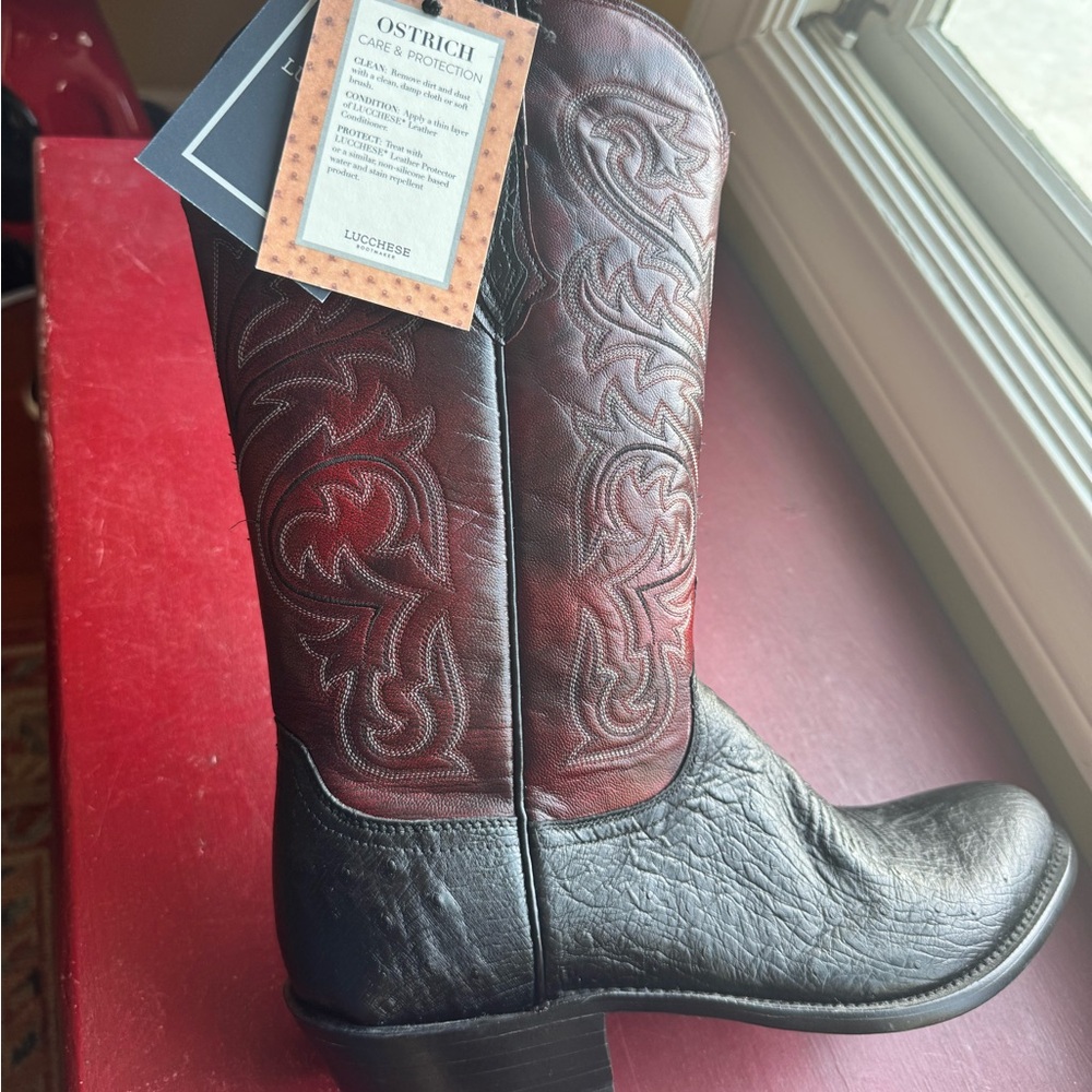Lucchese Nathan Ostrich Western Boots - Black + Black Cherry